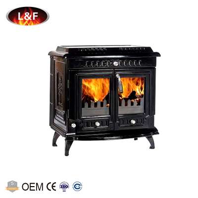 Double Glass Windows Cast Iron Enamel Solid Wood Fuel Fireplace